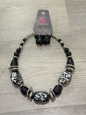 Paparazzi Black and Silver Speckled Statement Necklace with Matching Earrings